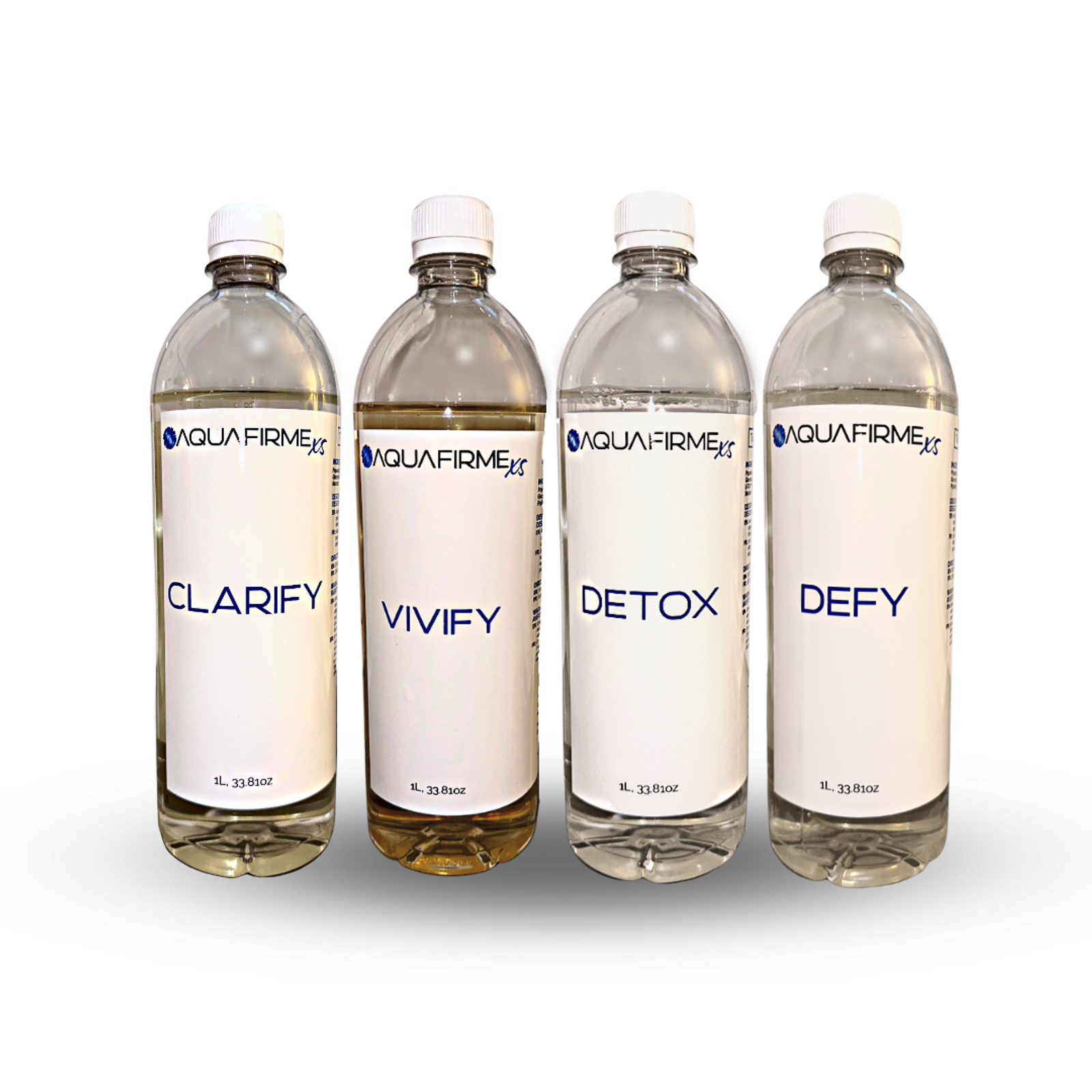 AquaFirme XS CLARIFY VIVIFY DETOX DEFY serum bottles