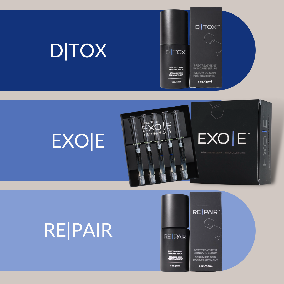 D|TOX, EXO|E, and RE|PAIR skincare serum products